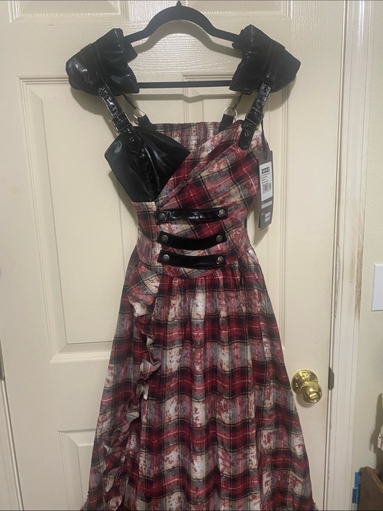 Punk Rave Dresses & Skirts - Punk Rave Red Plaid Maxi Dress with Faux Leather Straps